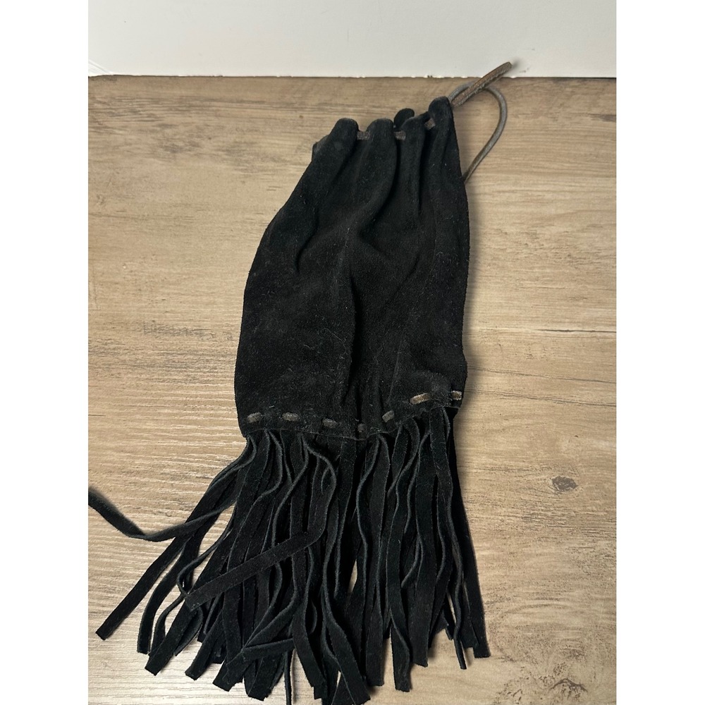 Vintage Handmade Black Suede Drawstring‎ Fringe Pouch Dice Marble Bag